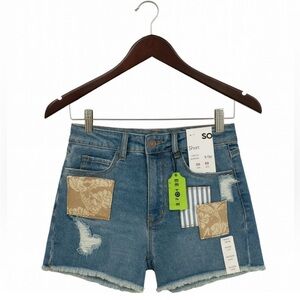 SO  NWT Juniors' High-Rise Shortie Shorts Size 9 – Patchwork Distressed Denim